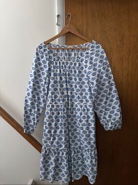 J. Crew White Dress with Blue Shell Print, pockets ad side zip